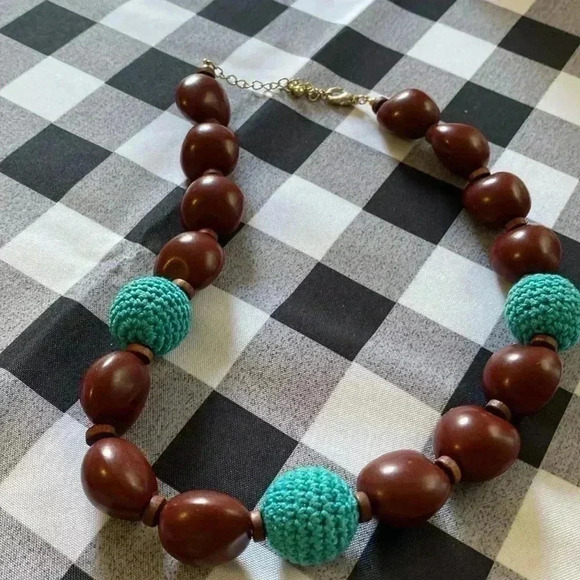 Mosaic Cuff Bracelet 7 1/8 " Around & Wooden Beaded Necklace 20 inches Long - Picture 8 of 10